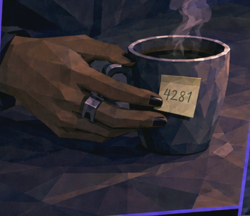 A ringed hand slides a steaming mug of coffee across a table; a post-it note stuck to the mug reads 4281.